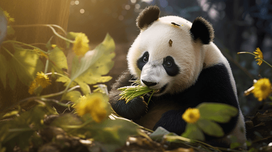 国潮熊猫吃面条摄影照片_吃熊猫的植物