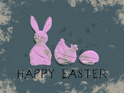 手绘促销海报摄影照片_兔子鸡和鸡蛋复活节装饰海报