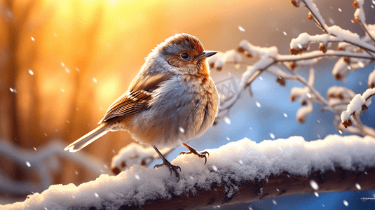 一只鸟坐在雪地里的树枝上