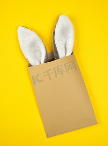 棕色工艺信封，里面有突出的兔耳朵