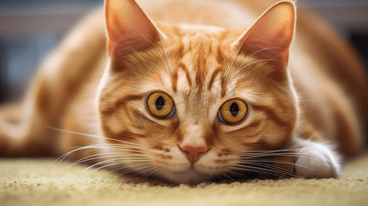 地毯猫摄影照片_橙色猫猫躺在灰色地毯上