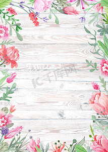水彩花卉框架摄影照片_木背景上的水彩花卉框架