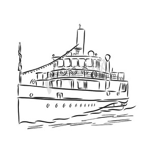 矢量旅行手绘摄影照片_船，汽船，汽船，涂鸦风格，草图插图，手绘，矢量。