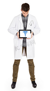 医生拿着平板电脑-手杖符号