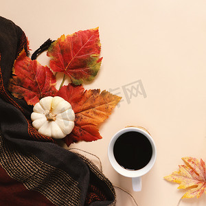秋天扁平摄影照片_秋天和感恩节的扁平风格，配上南瓜、咖啡，