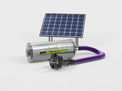 极性摄影照片_灰色背景下带电源插头和太阳能电池的充电电池的 3d 插图