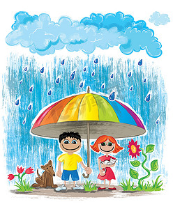 雨天孩子带着狗和猫躲在雨伞下