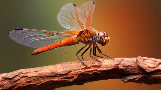 卡通小荷蜻蜓摄影照片_棕色小树枝上的橙色和棕色蜻蜓