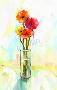 玻璃中黄色和红色非洲菊花的油画花束