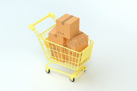 包装盒和黄色购物车，3d 渲染。