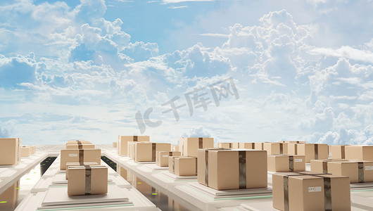 运输物流中心摄影照片_运输物流包裹和多云的天空 3d 插图