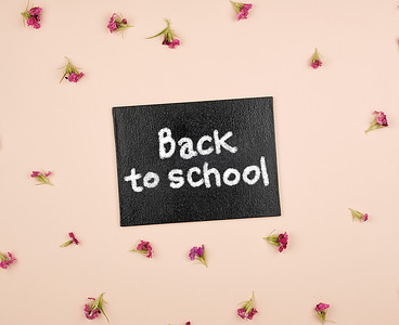 粉色文本框摄影照片_黑色粉笔框，上面刻着回到学校的铭文