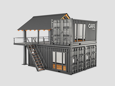 将旧集装箱改装成咖啡馆的 3d 渲染，包括剪切路径