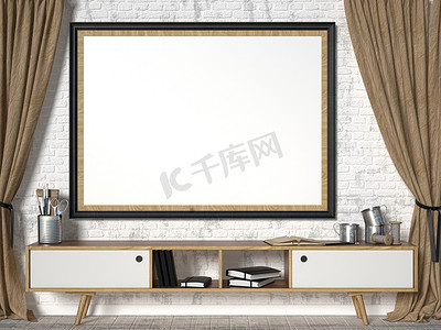 窗帘窗帘样机摄影照片_用棕色窗帘模拟相框。 