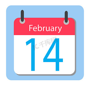 情人节平面日历图标，2 月 14 日。爱情日期。