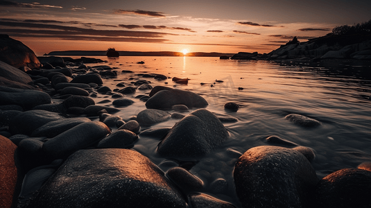 日落时分，水体旁的灰色和黑色岩石