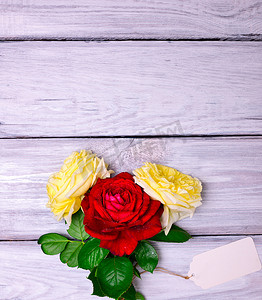 三朵开花的玫瑰和一张白皮书标签