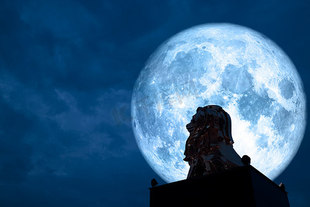 狮子剪影摄影照片_红血月背剪影狮子状态夜空