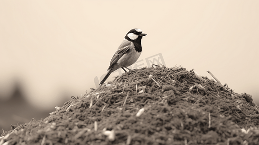 一只黑白相间的鸟坐在一堆泥土上