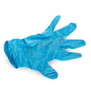 白色背景下隔离的医疗用蓝色橡胶手套