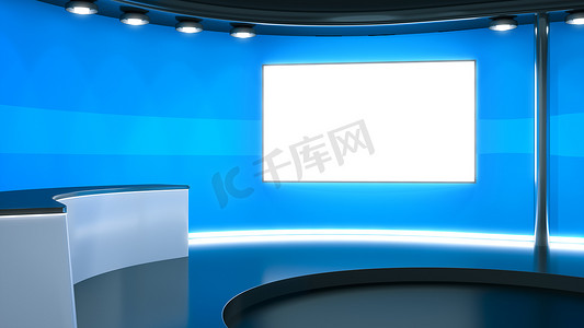 现代电视背景墙摄影照片_蓝色的电视演播室背景