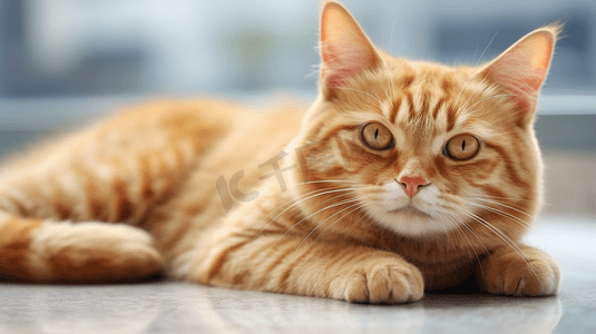 橙色猫猫躺在灰色地毯上