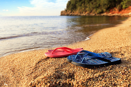 沙滩拖鞋躺在透明大海附近的一块石头上