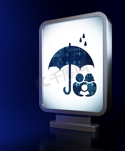 健康家庭海报摄影照片_安全概念：广告牌背景上的家庭和雨伞