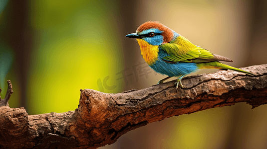 红黄蓝水彩摄影照片_树枝上的绿、黄、蓝三色鸟