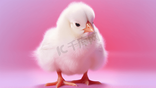 粉色背景上的一只白色小鸡
