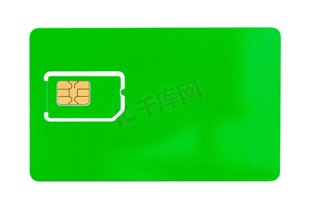电话卡芯片摄影照片_手机的绿色 SIM 卡，有空白空间可供书写