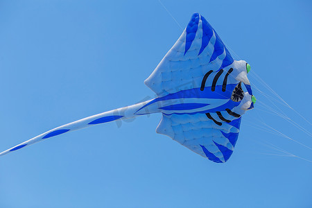 个风筝在蓝蓝的天空中飞翔。