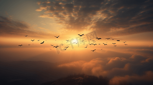 鸟儿飞翔摄影照片_日落时分飞翔的鸟群