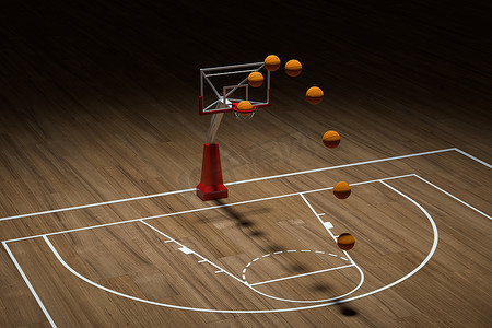 篮球场木地板摄影照片_有木地板的篮球场， 3d翻译。