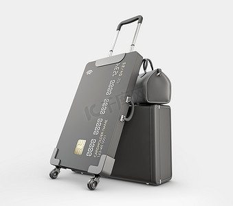 旅游行李卡片摄影照片_带行李的信用卡手提箱的 3d 渲染包括剪切路径
