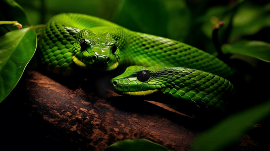绿叶上的绿蛇和黑蛇