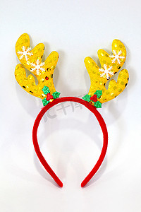 头带圣诞、驯鹿鹿角黄色红色洋娃娃头带发刷帽，用于圣诞节和新年，白色背景中突显