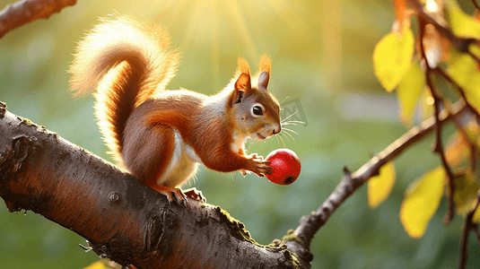 树枝状水系摄影照片_吃坚果的树枝上的棕色松鼠