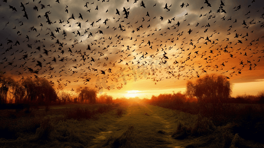 一大群鸟在日落黄昏的田野上空飞翔