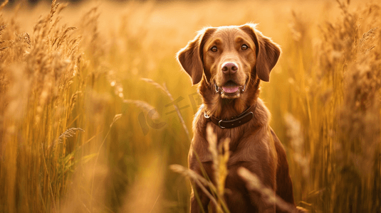 坐在草地摄影照片_麦田里有一只棕色的狗