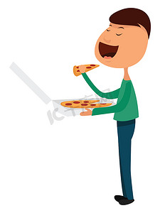 矢量男人摄影照片_吃披萨的人，插图，白色背景上的矢量