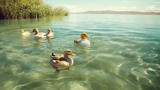一群鸭子在湖里游泳