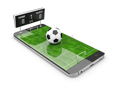 智能手机作为足球场，在线观看，在线投注概念，3d 插图
