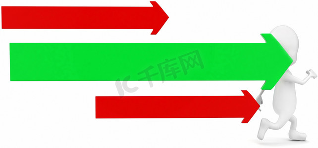 3d 人跑与绿色和红色向前箭头概念
