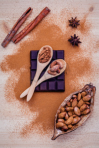 勺子棕色巧克力粉，干烤可可豆