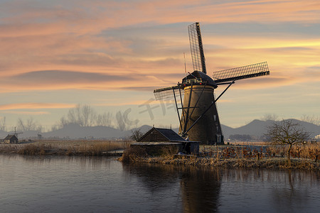 在温暖的日落期间，一群鹅飞过荷兰乡村风车景观