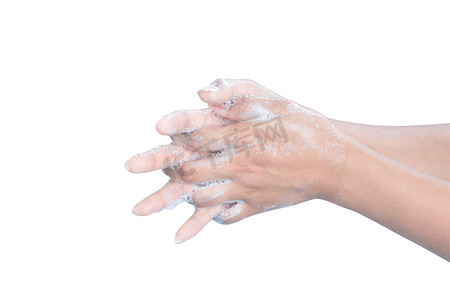 特写女人的手在白色背景上用肥皂洗手，治愈