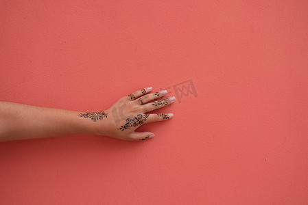 指甲花摄影照片_用指甲花覆盖的手触摸墙壁