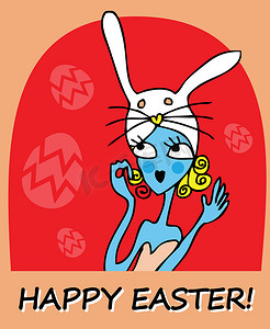 复活节快乐卡片插图与涂鸦女人、女孩、复活节