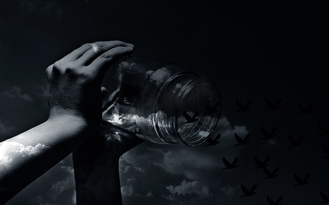 关闭人的手拿着一个玻璃瓶并且让鸟飞走与天空背景和它的太阳天赋。